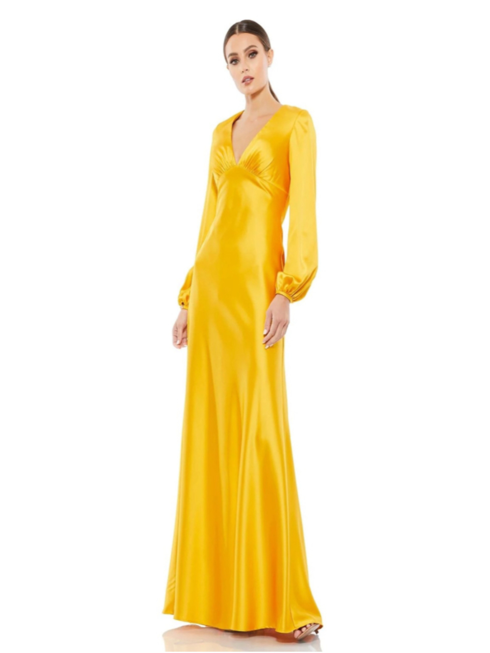 Women's Mac Duggal Yellow Long Sleeve Satin Maxi Dress Size 4